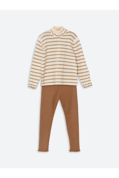 LC Waikiki Brown Stand Collar Striped Girls' Sweater and Leggings 2-Piece