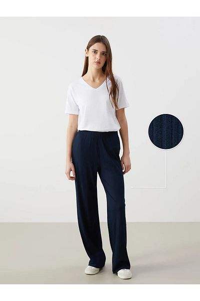 LC Waikiki Lcwaikiki Classic Navy Blue Elastic Waist Textured Women's Trousers