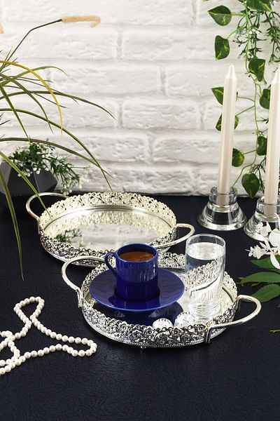 HELVACIOĞLU AKSESUAR 2 Pieces Mirrored Handled Coffee, Tea, Chocolate, Promise and Engagement Presentation Tray 20 cm