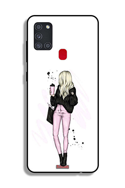Tolwak Samsung Galaxy A21s Protective Case Cover Girl Holding Coffee Cup Art