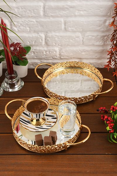HELVACIOĞLU AKSESUAR 2 Pieces Mirrored Handled Coffee, Tea, Chocolate, Promise and Engagement Presentation Tray 20 cm