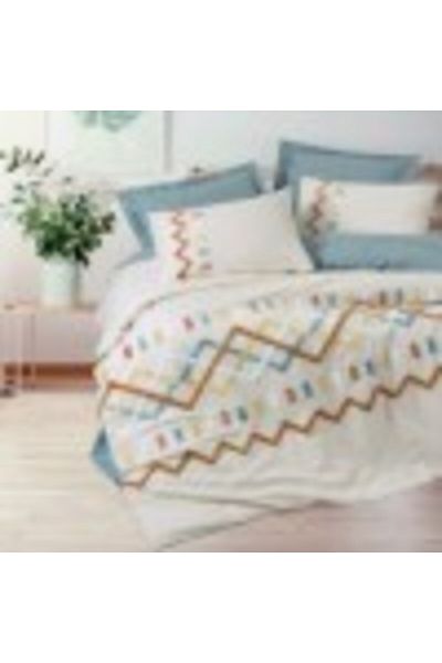 Cotton Box Lenjerie de pat dublu cu broderie geometrica, cearceaf pilota 200x220cm, Cotton Box, Mellow Mint