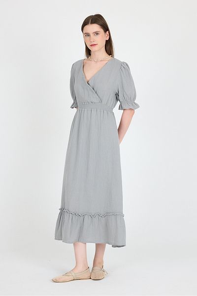 Rays Gray 100% Cotton Muslin V-Neck Waist Elastic Midi Dress 4780A