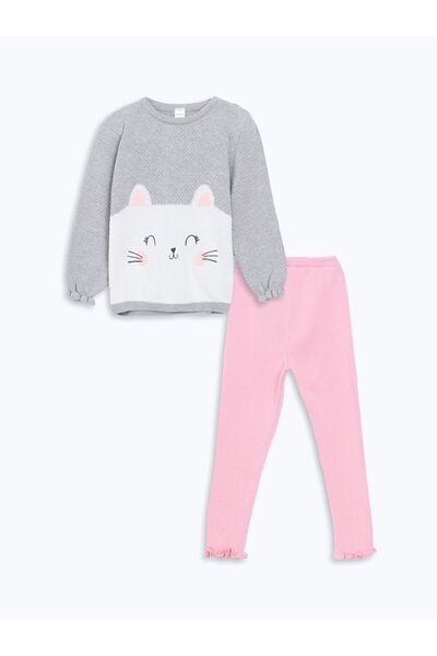 LC Waikiki Lcw Baby Embroidered Baby Girl Knitwear Sweater and Leggings 2 Pcs