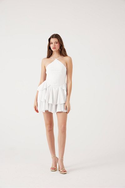 HOLLY LOLLY Ruffle Halter Neck Mini Keira Dress White