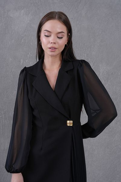vuvutasarım Pleated Detailed Double Breasted Jacket Collar Sleeves Tulle Black Office Dress 24K2169