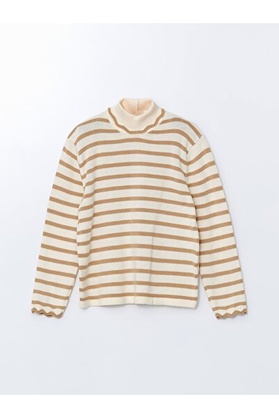 LC Waikiki Brown Stand Collar Striped Girls' Sweater and Leggings 2-Piece