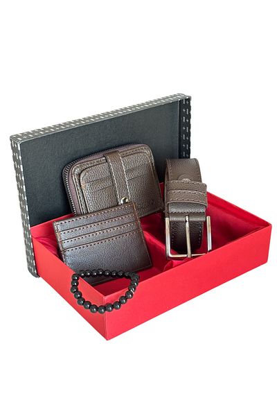 Tisaati Premium Series Special Boxed Luxury Leather Horizontal Zippered Sports Wallet Belt Card Holder and Wristband Men's Set