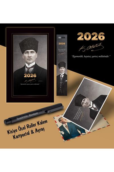 Mor kelebek Химикалка с пощенска картичка с логото на Ататюрк за 2026 г. и сърце - черна