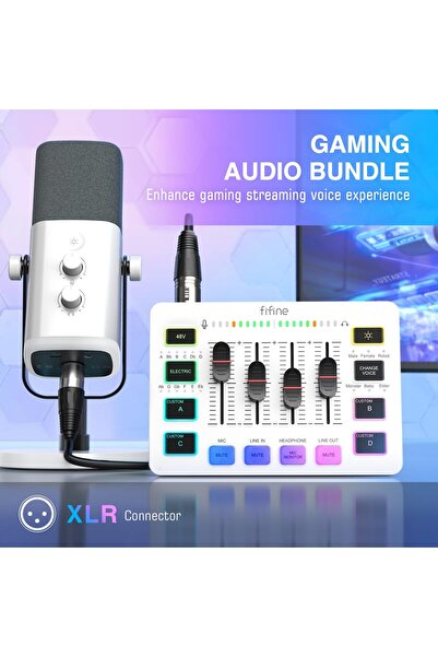 Fifine Gaming Equipment Bundle, XLR/USB Streaming Dynamic Microphone with Audio Mixer Set, Podcast R