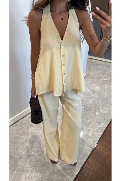 My Blog Yellow Back Rope Tie Detailed Blouse Trousers Set - 30379