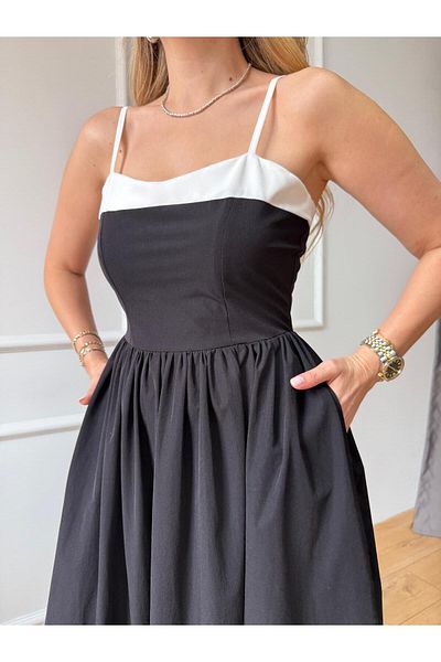 Size Özgü Black Garnished Gathered Dress