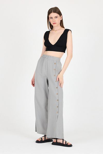 Rays Gray 100% Cotton Muslin Side Button Slit Wide Leg Trousers 4704A