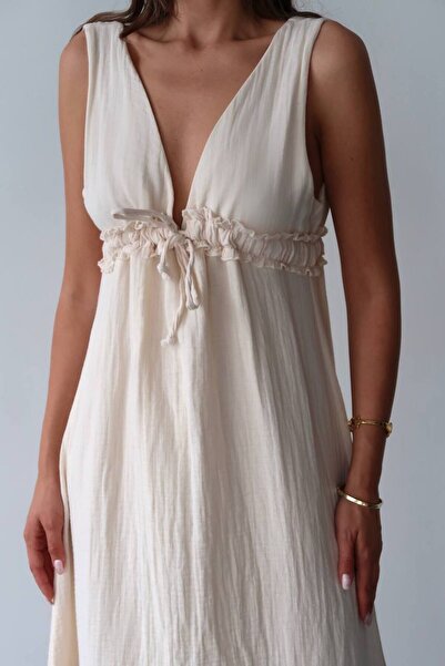 Le Savu SHILSEE KADIN V YAKA DEKOLTELİ MÜSLİN ELBİSE BEJ