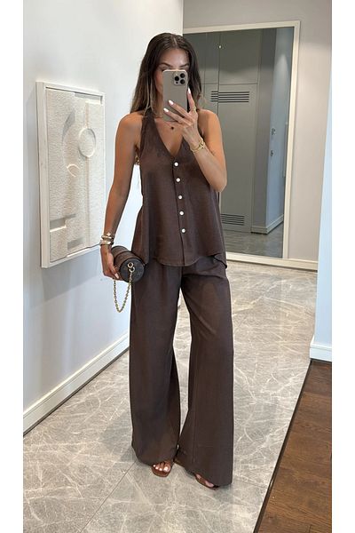 My Blog Brown Back Rope Tie Detailed Blouse Trousers Set - 30379