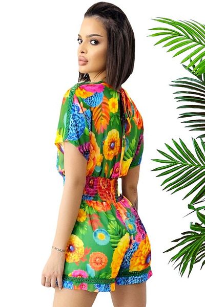 FashionForYou Yonela short jumpsuit, with floral print and embroidered details, Green, M