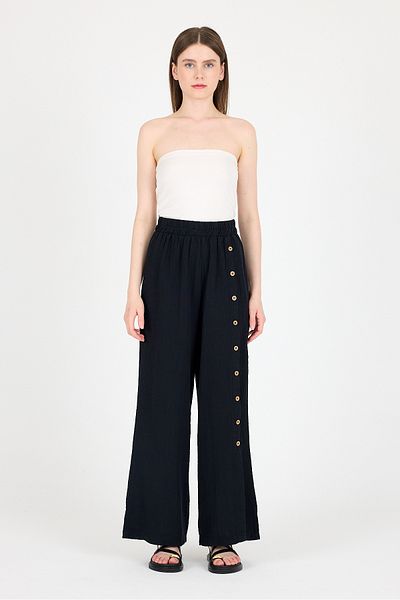Rays Black 100% Cotton Muslin Side Buttoned Slit Wide Leg Trousers 4704A