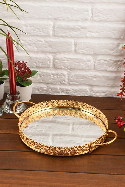 HELVACIOĞLU AKSESUAR Coffee, Tea, Chocolate Presentation Tray with Mirror and Handle 25 cm