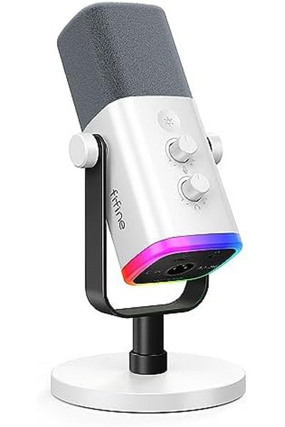 Fifine ميكروفون ألعاب XLR/USB لبث البودكاست، ميكروفون RGB للكمبيوتر الشخصي، مع مقبض كسب، كتم الصوت
