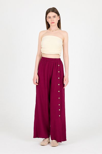 Rays Burgundy 100% Cotton Muslin Side Buttoned Slit Wide Leg Trousers 4704A