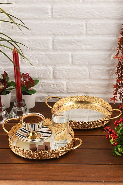 HELVACIOĞLU AKSESUAR 2 Pieces Mirrored Handled Coffee, Tea, Chocolate, Promise and Engagement Presentation Tray 20 cm