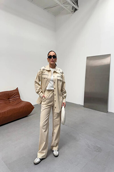 Butik CAMELYA - PANTOLON GÖMLEK TAKIM - TAŞ DETAYLI - KREM RENK - KETEN KOT K...