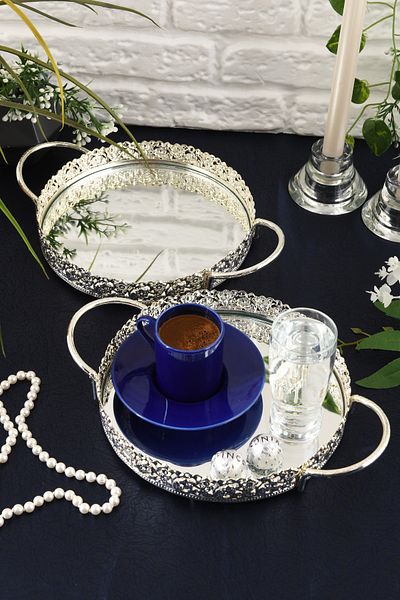 HELVACIOĞLU AKSESUAR 2 Pieces Mirrored Handled Coffee, Tea, Chocolate, Promise and Engagement Presentation Tray 20 cm