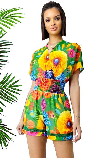 FashionForYou Yonela short jumpsuit, with floral print and embroidered details, Green, M