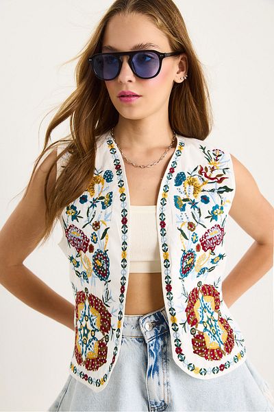 Bianco Lucci Women's Embroidery and Sequin Embroidered Lined Linen Vest 60283457