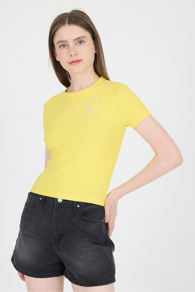 Rays Μπλουζάκι με κέντημα με κορδέλα με κίτρινο μαργαριτάρι 2229