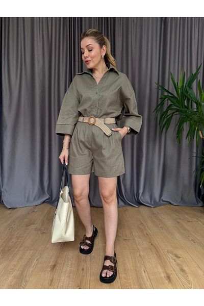 Size Özgü Khaki Straw Knitted Belt Suit