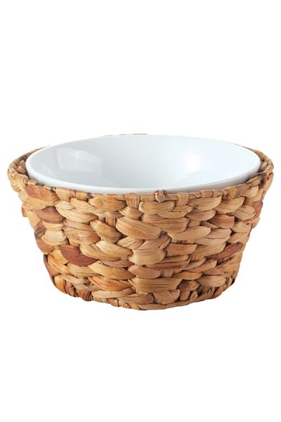 Bien Servi Ceramic Round Serving Bowl with Rattan Basket White and Brown