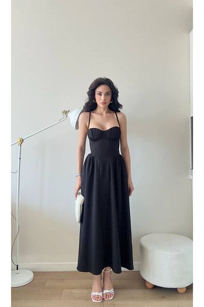 LOCH BUTİK Black Strap Gloplu Maxi Dress