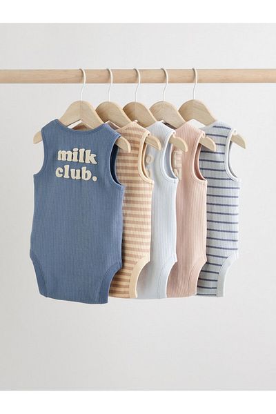 Next Baby 100% Cotton Blue Cream Printed 5-Piece Bodysuit Set