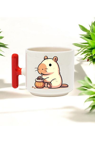 BB TRADE Capybara Drink Design Red t Handle Ceramic Printed Mug Cup 250 ml