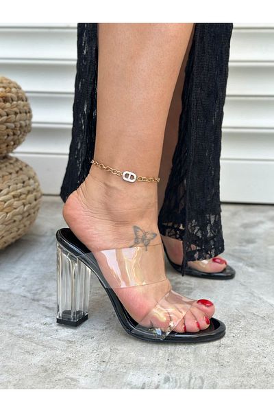 Shoebutik Nuava Black Patent Leather Transparent Tape Detail Heeled Women's Slippers