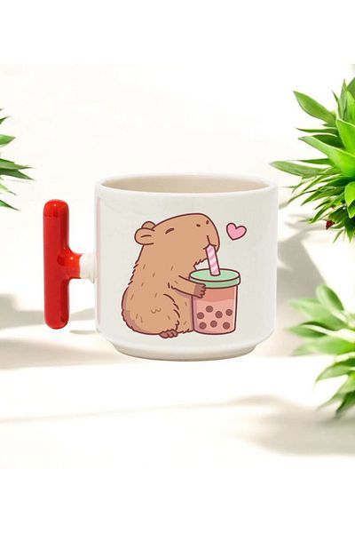 BB TRADE Capybara Coffee Designed Red t Handle Ceramic Printed Mug Cup 250 ml