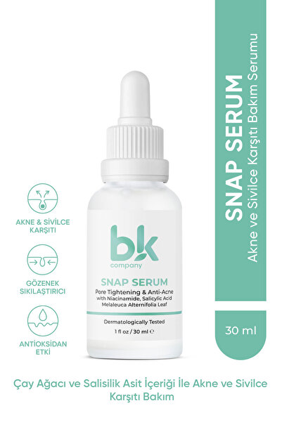 BK COMPANY Akne Ve Siyah Nokta Karşıtı Snap Serum | Salisilik Asit & Çay Ağacı | Kurutucu Etki | 30 ml