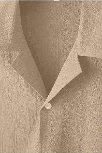 Tarz Cool Ανδρικό πουκάμισο μπεζ μισό κανονικό Apaş γιακά με κοντό μανίκι από μουσελίνα