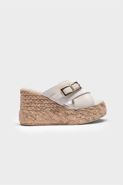 Milaura Women's Cream Suede Genuine Leather Filled Heel Slippers 20485