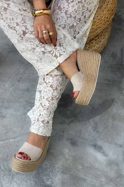 Shoebutik Anastacia Beige Suede Straw Padding Wrap Sole Women's Slippers