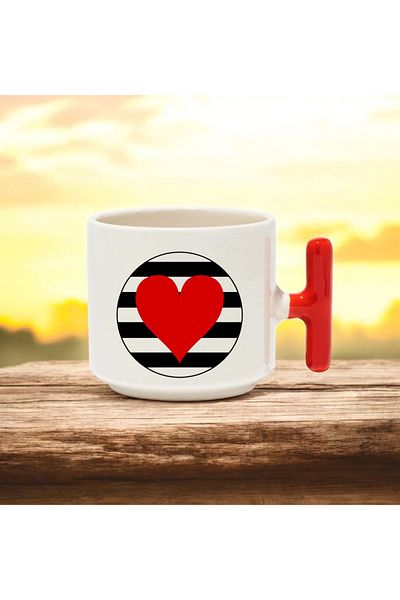 BB TRADE Patterned Hearts Designed Red t Handle Ceramic Printed Mug Cup 250 ml
