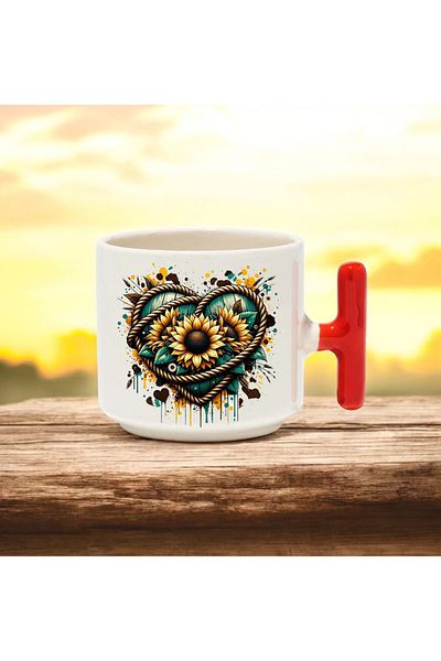 BB TRADE Sunflower Heart Design Red t Handle Ceramic Printed Mug Cup 250 ml