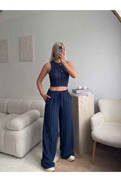 Zora Butik Halter Ribbed Double Set - Dark Blue