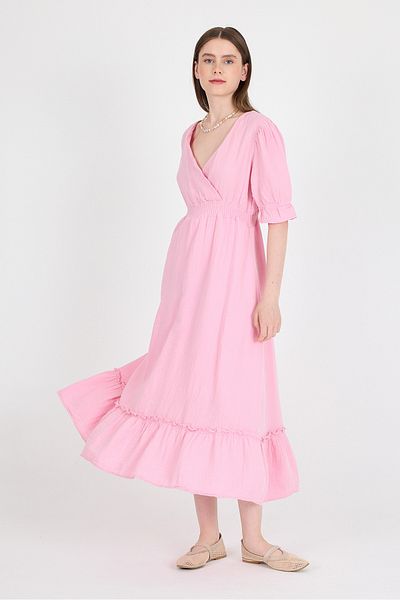 Rays Pink 100% Cotton Muslin V-Neck Waist Elastic Midi Dress 4780A