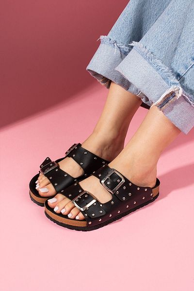 FUGA MODA Troky Black Double Striped Metal Buckle Staple Detailed Women's Slippers