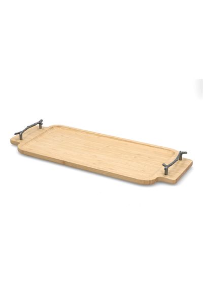 Bien Servi Durable Rectangular Bamboo Serving Tray with Metal Handle Brown