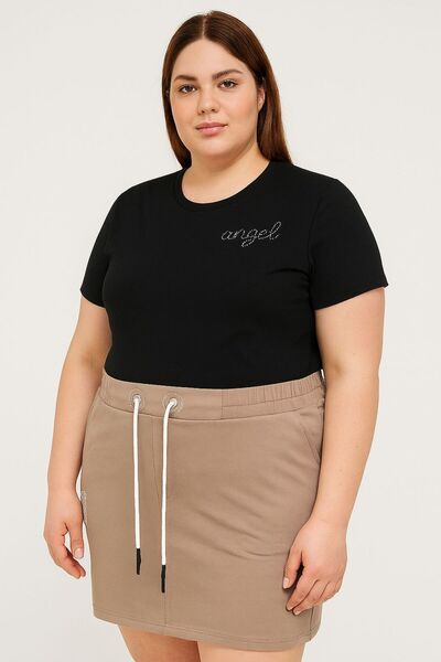 Nihal Eren Butik Büyük Beden Bağcıklı Beli Lastikli Vizon Etek