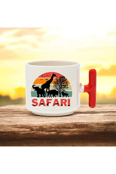 BB TRADE Safari Designed Red T-Handle Ceramic Printed Mug 250 ml