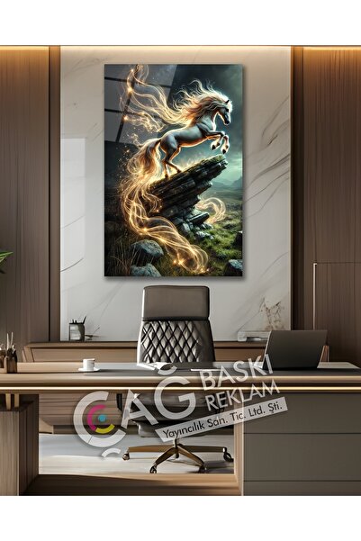 Çağ Baskı At Beyaz Göz Alıcı Estetik Şık Cam Tablo Modern Ev Ofis Salon Duvar...